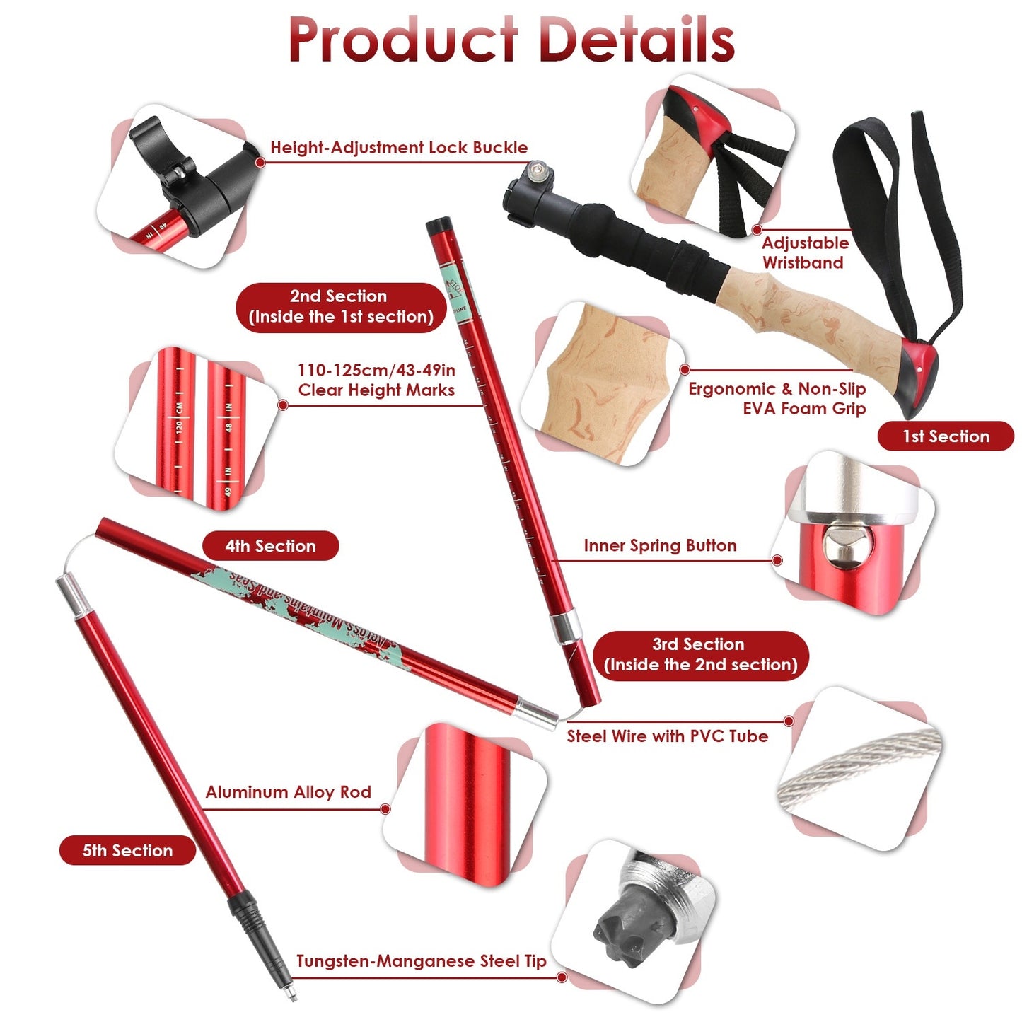 2Pcs Walking Sticks Collapsible Hiking Poles Folding Aluminum Trekking Poles Adjustable Hiking Sticks With EVA Foam Grips For Backpacking Hiking Mountain Climbing